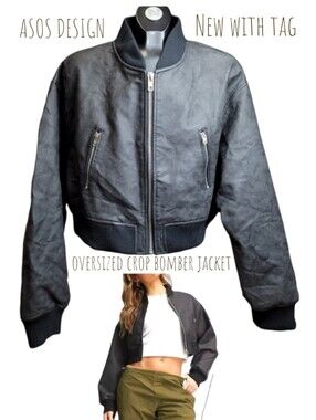 ASOS DESIGN Women's Vegan faux leather crop bomber jacket 14 black